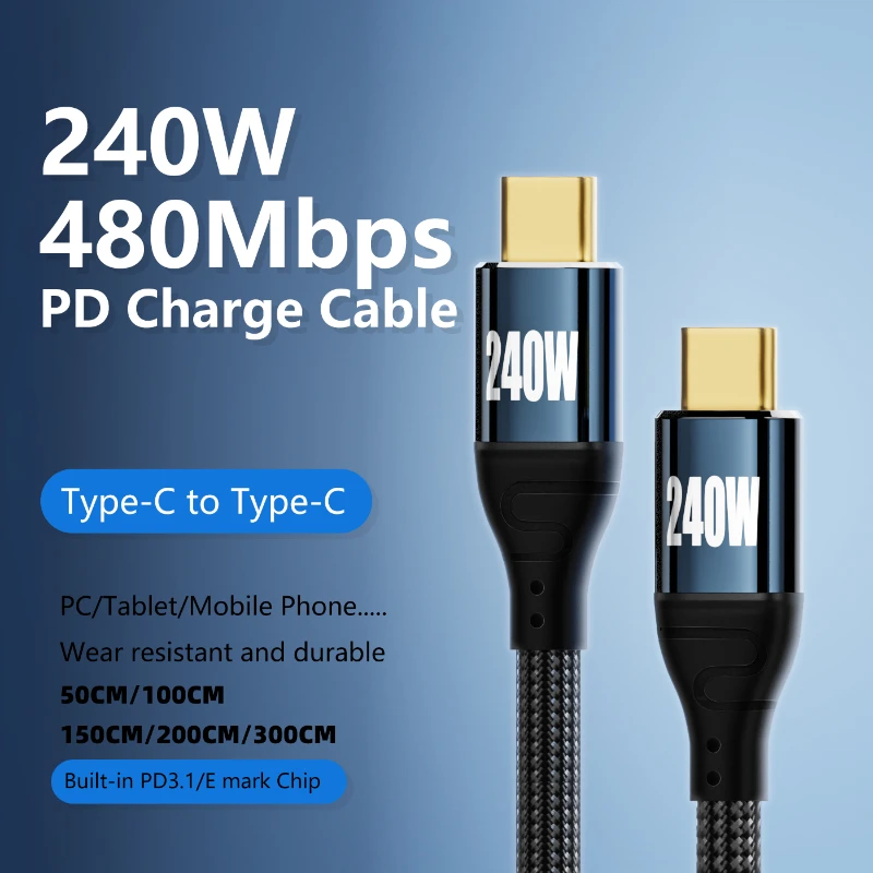 PD 240W USB C To USB Type C Cable Ultra Fast Charging Cable QC3.0 Fast Charger 48V 5A USB C for Xiaomi Macbook iPad USB C 1/2M