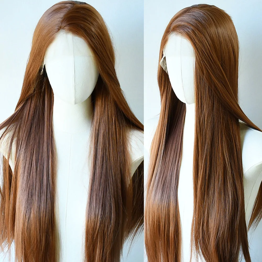 Peruka w kolorze jasnego brązu, peruka typu lace front 13x4, peruka typu lace frontal, prosta jak kość, wstępnie wyregulowana linia włosów, gotowa do założenia, odporna na ciepło, syntetyczne włosy do codziennego użytku.