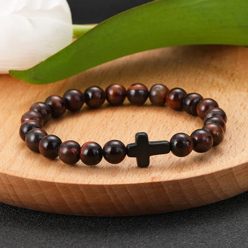 8mm Prayer Men Natural Stone Beads Rosary Hematite Cross Bracelets Onyx Meditation Bracelet Women Yoga Jewelry Homme Pulsera