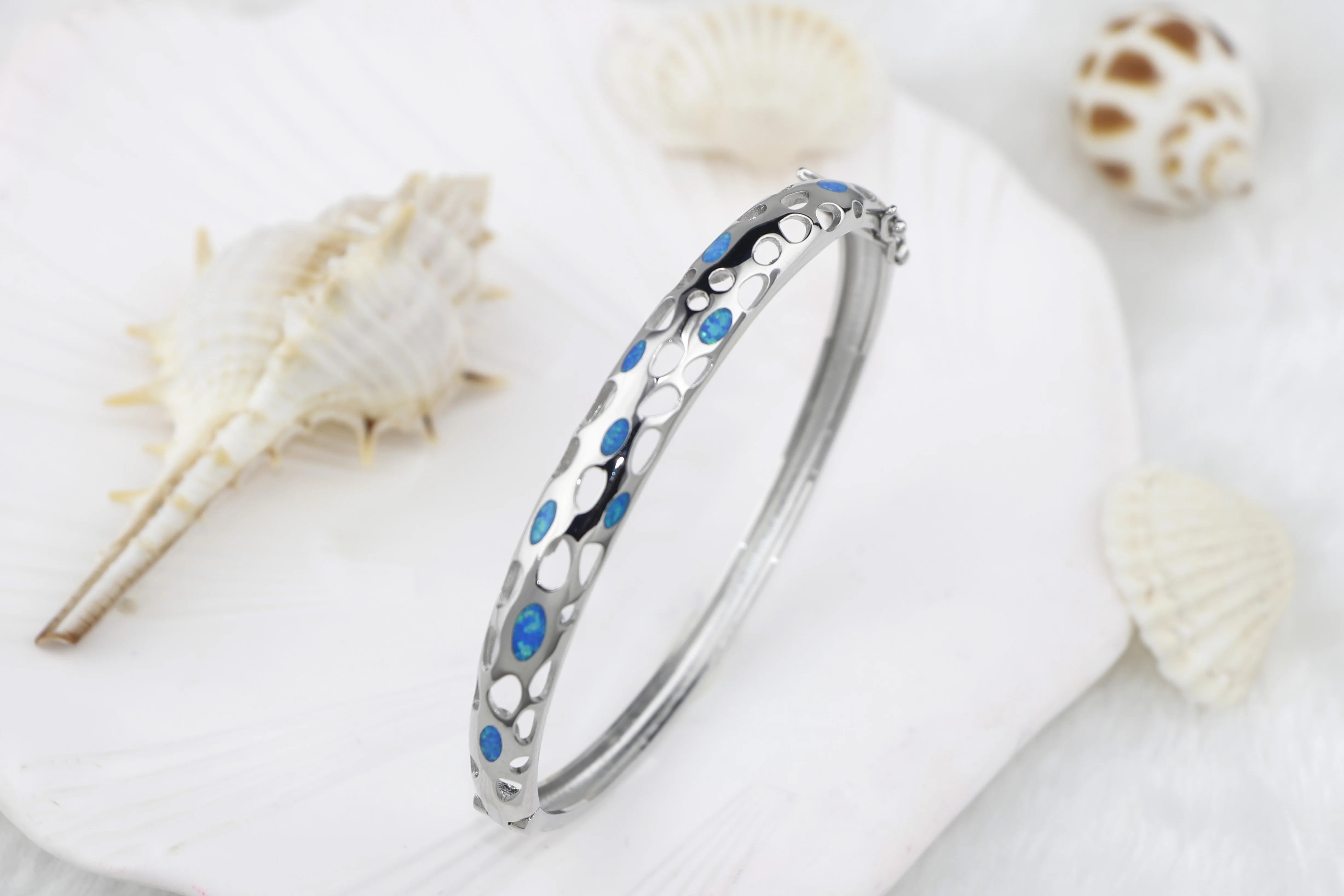 JLZ099 Unisex Silver & Rhodium Plated Fine Jewelry Glossy Blue Synthetic Opal Bezel Setting Bangle Trendy for Girls Gifts Party