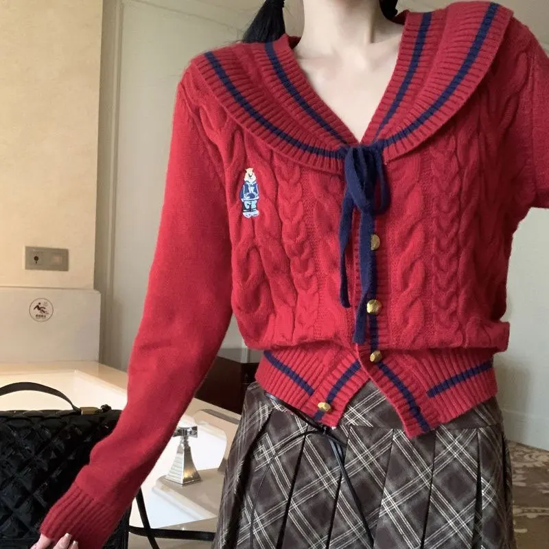 Christmas Red Vintage Sweaters Autumn Winter Korean Stylish Drawstring Bow Women\'s Clothing Chic Sailor Collar Knitted Cardigan