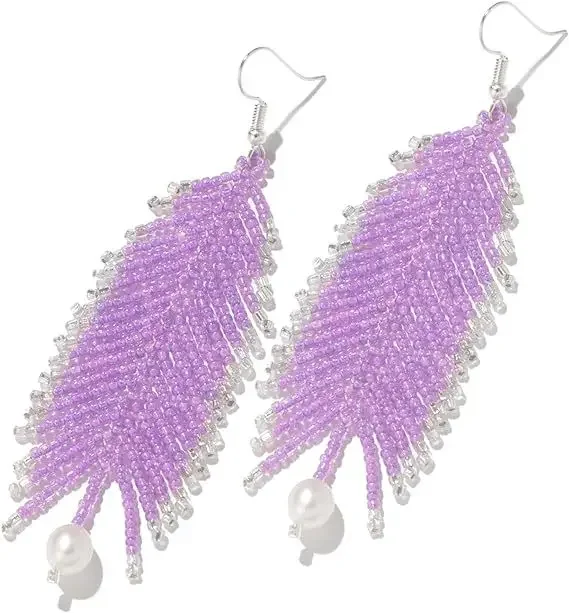 

Beaded earrings Tassel leaf Originality Hand knitting Design Bohemia Alloy Tide female Simple Rice bead earrings