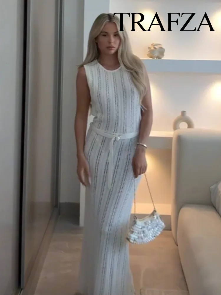 

TRAFZA Women Summer Sleeveless Hollow Dress Elegant Woman O-Neck Jacquard With Belt Decoration Slim Knitted Midi Dress 2025