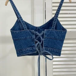 2023 koreański moda Spaghetti pasek Y2k gorset 90s elegancka, letnia Retro Sexy Denim Camisole Top w stylu Casual, bandażowa Tank Crop Streetwear