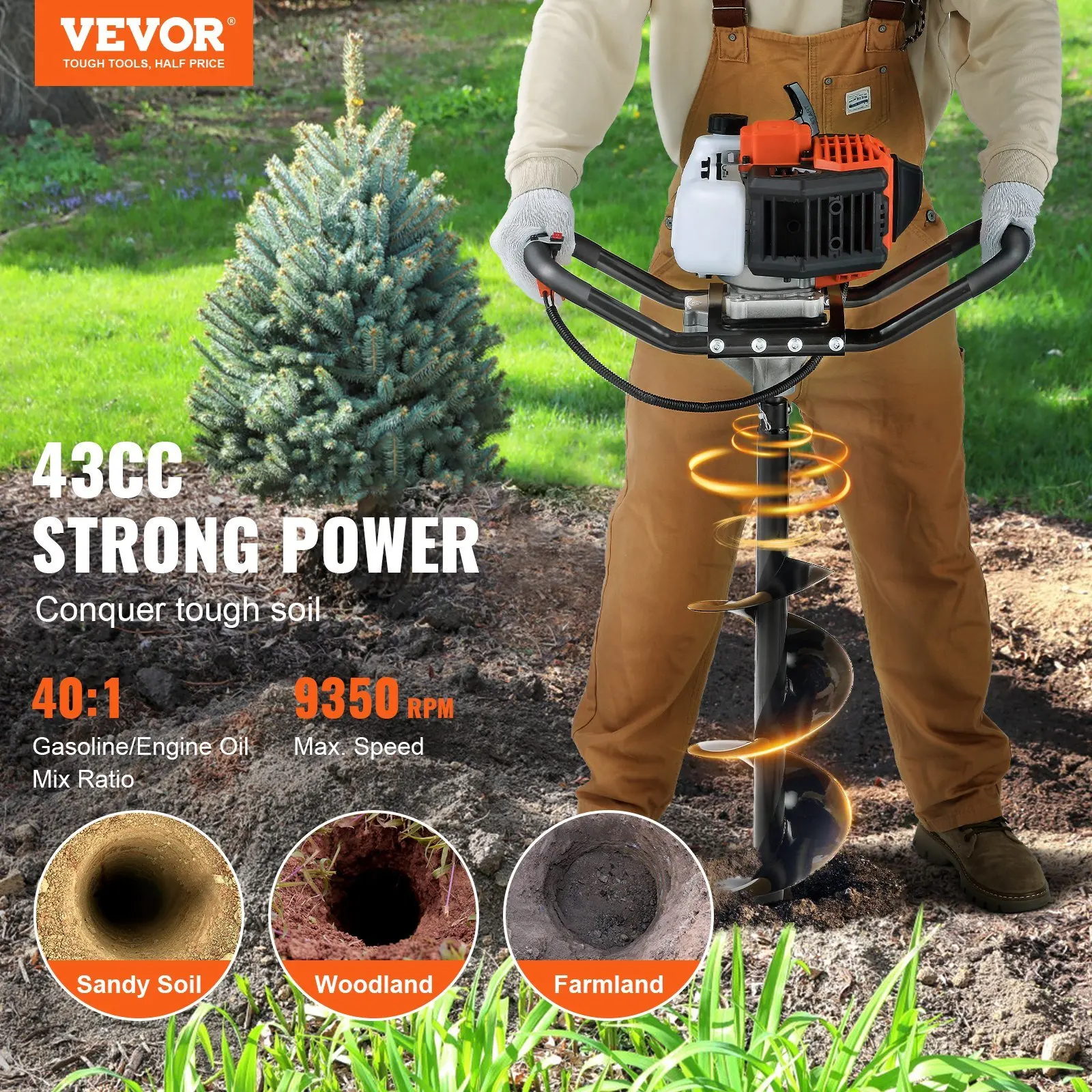 VEVOR Post Hole Digger, 43cc 1250W Auger Post Hole digger, Gas Powered Earth Digger with 8