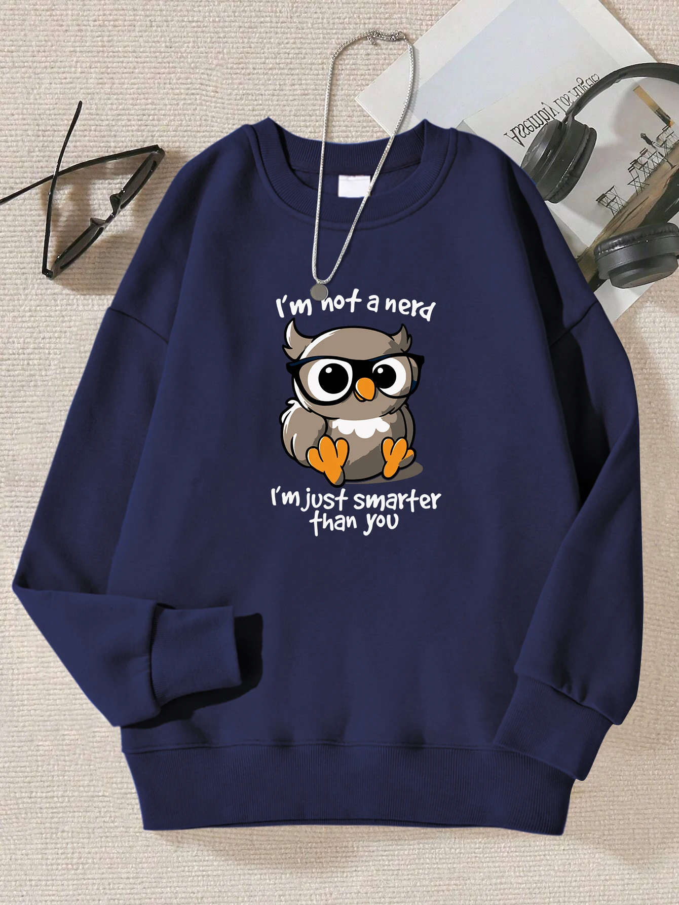 

A Cheerful Owl Print Sweatshirts Women Comics Soft Long Sleeves Vintage Casual Pullovers Autumn Fleece Unisex Sportswear