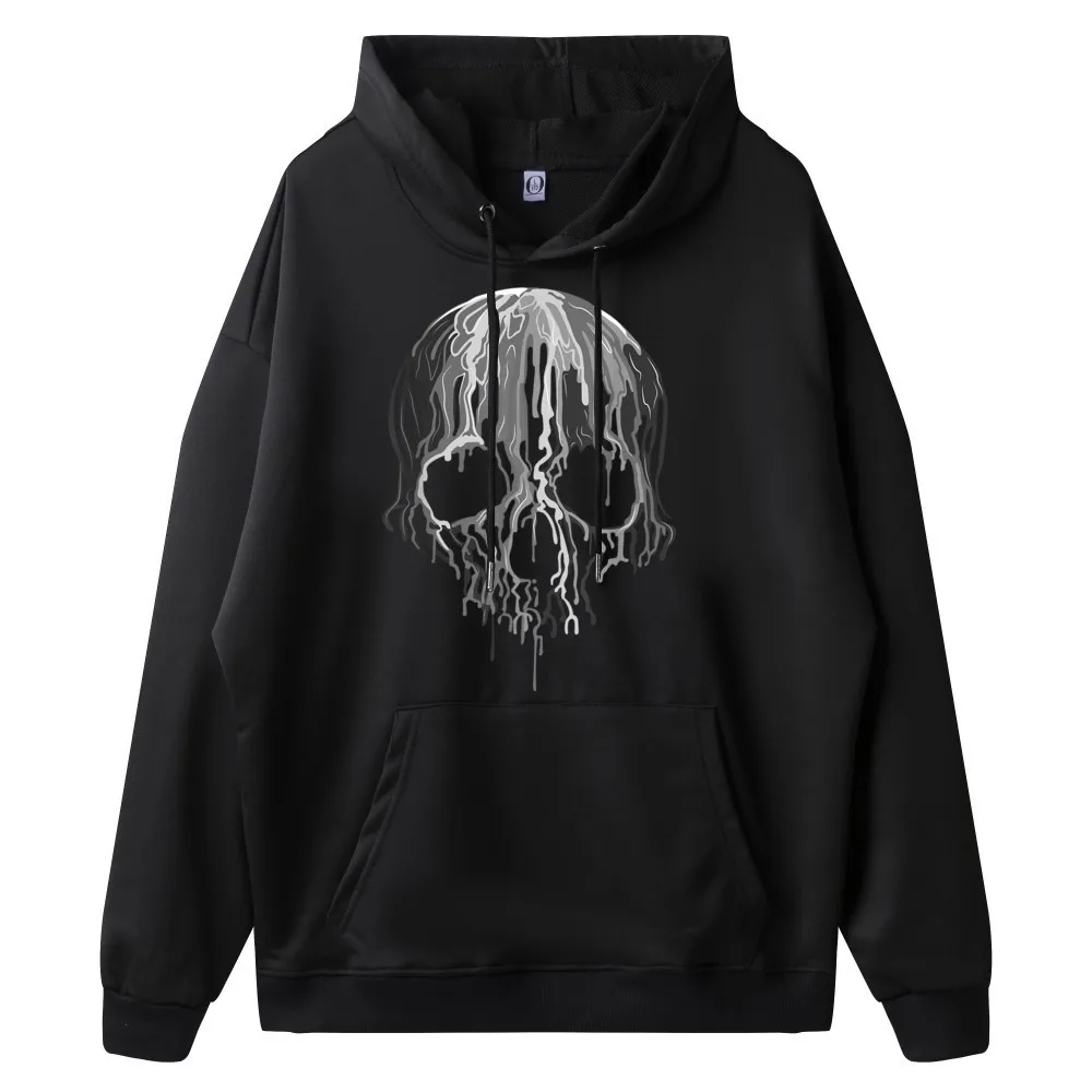 Y2K Melting Skull Black White Art Funny Halloween Gift Idea Hoodies Crewneck Summer long Sleeve Hoodies  Casual Hoodies