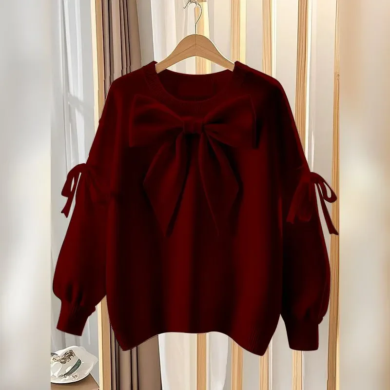 2025 Autumn Winter New Chic Pullover Knitwear Women's Outer Wear Korean Loose Lantern Lazy Bow Red Base Sweater Tops