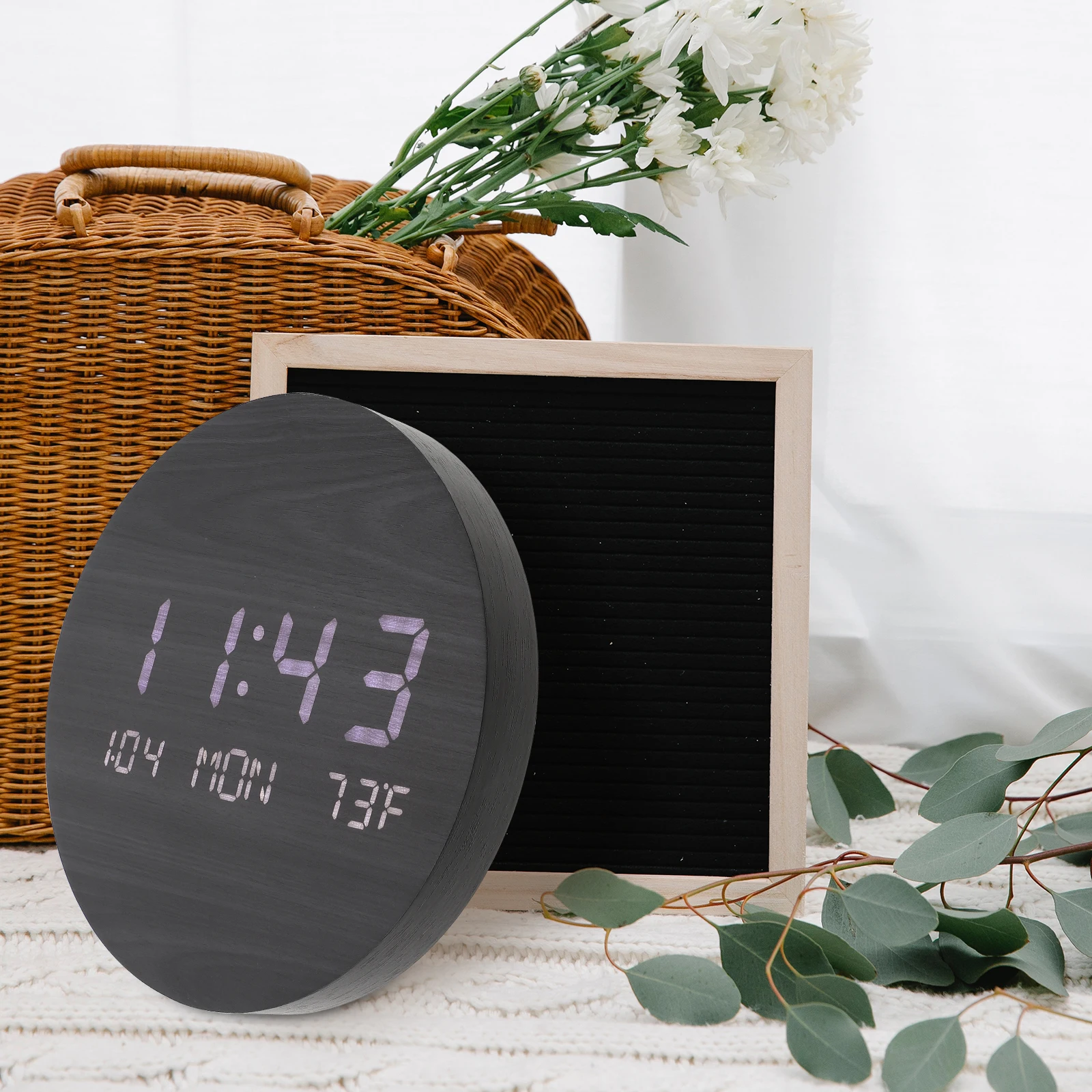 

Wooden LED Circular Multifunctional Electric Alarm Clock Long Life Rechargeable Stable Base Clear Mirror Easy Clean
