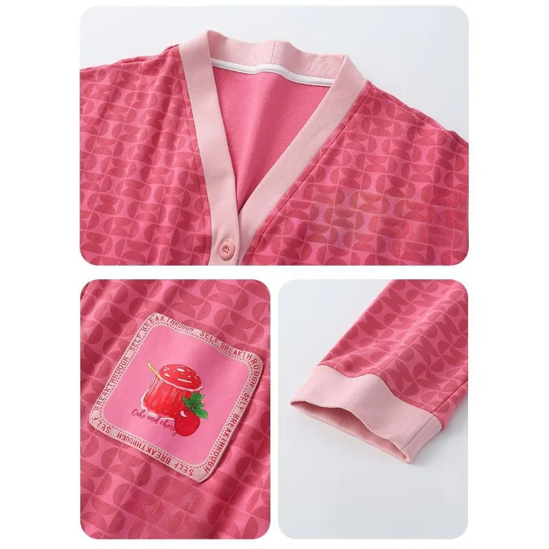 Conjunto de pijama de algodón puro para mujer, ropa de dormir holgada e informal de manga larga con cuello en V, talla grande, para primavera y otoño, 2024