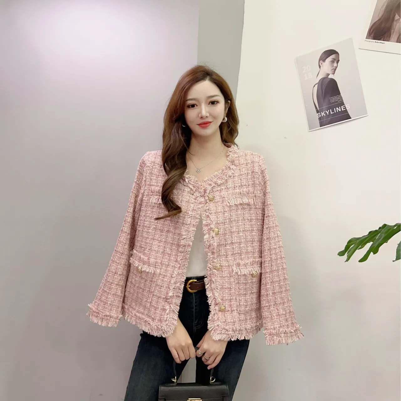 Women Elegant Long Sleeve Open Front Round Neck Fringed Plaid Tweed Jacket Korean Style Fashion Streetwear Mori Girl Coat