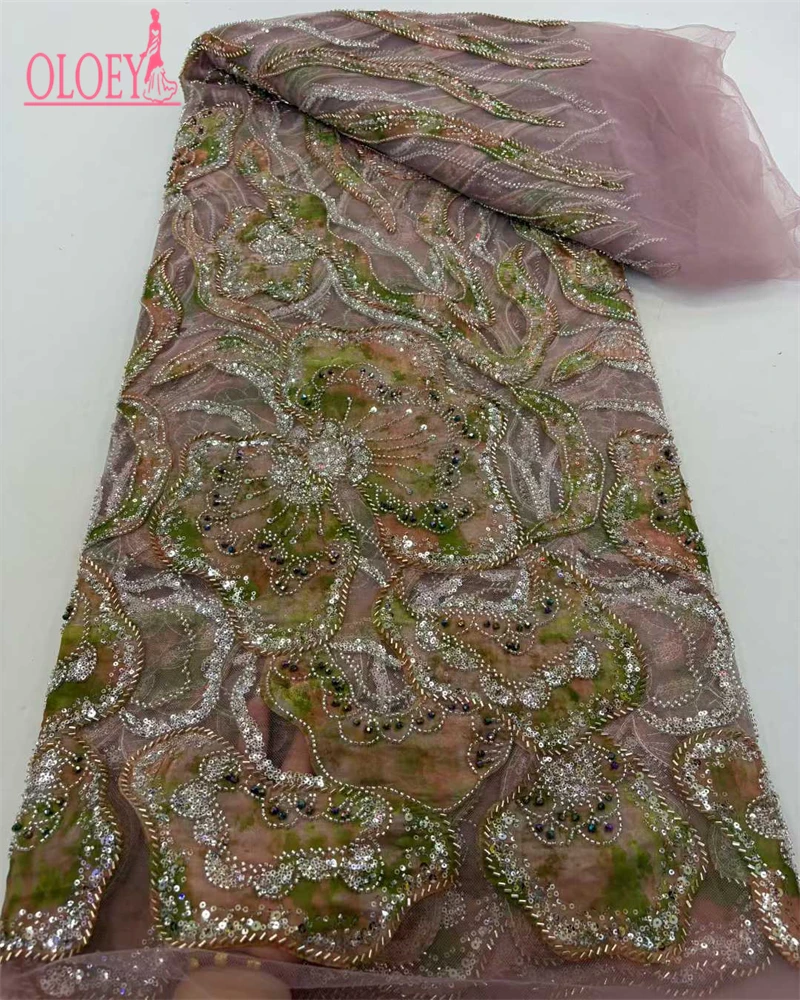 Oloey africano nigeriano francês net noivo bordado tule lantejoulas tecido de renda bonito luxuoso frisado renda para casamento