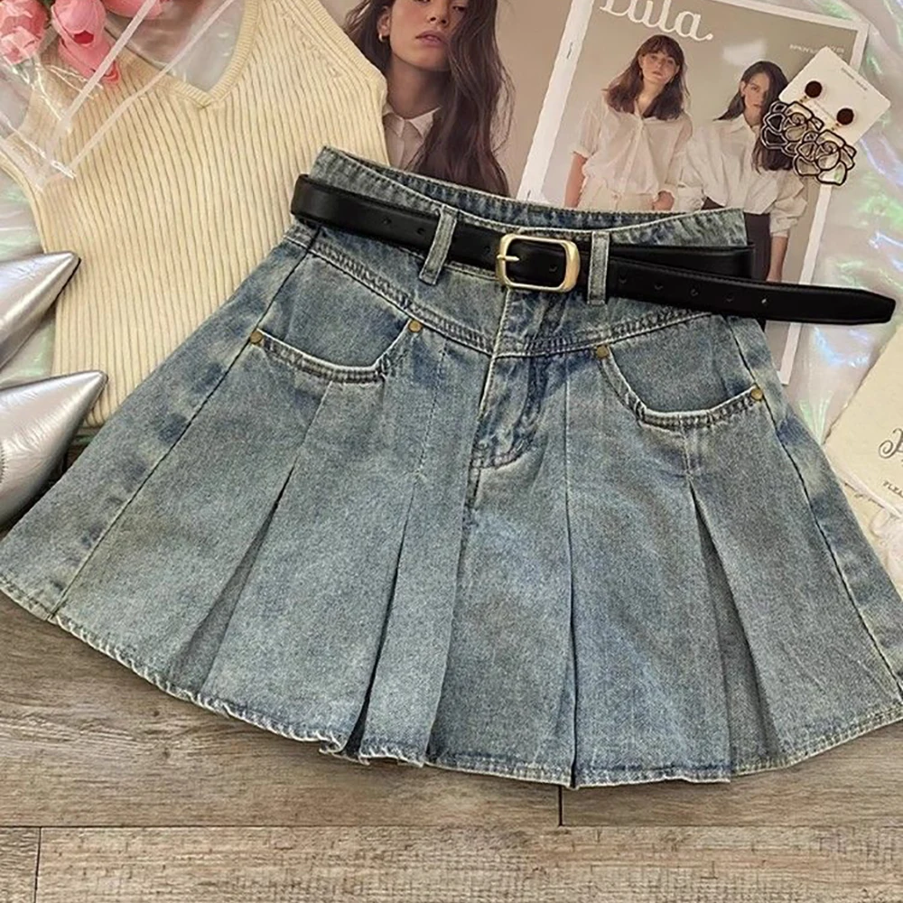 Women's High Waist Pleated Denim Mini Skirt Light Wash A-Line Jean Skirts 2026 Summer Vintage Y2K Preppy Style Slim Skirt