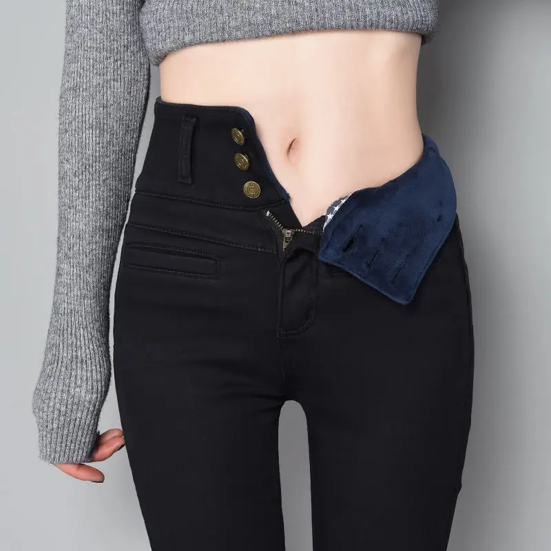 plus Size Fleece Lined Jeans High Waist Slim Fit Women's Long Pants Elastic Base Layer Thermal Pencil Pants Winter Cotton Str...