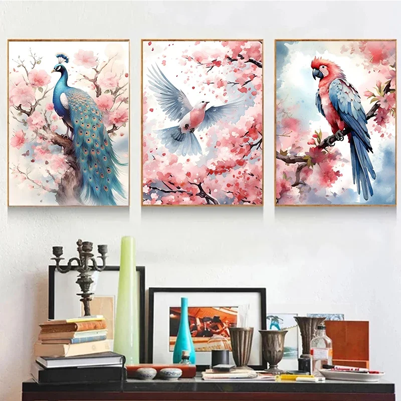 Multiple sizes 1pc frameless Canvas Painting,Bird Watercolor Poster Blue Jay in Cherry Blossom Toucan Owl Peacock Canvas Paintin