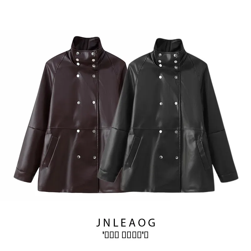 

Faionable Double-Row Button Slim Fit Stand Collar Two-Tone Leather Jaet Women's Autumn New Sle JNLEAOG Synthetic Leathe...