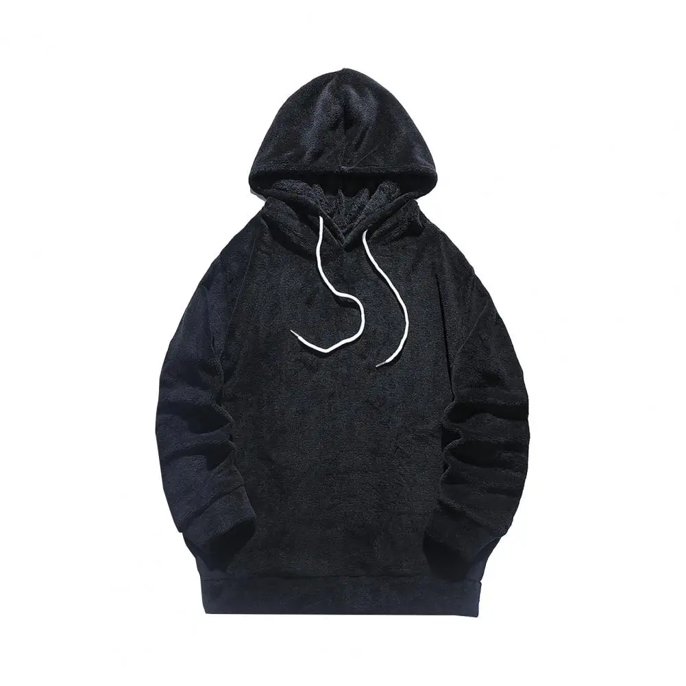 Casual Pullover Hoodie Men's Thick Plush Hoodie with Drawstring Warm Winter Hooded Sweatshirt for Daily Wear Sports Solid Color