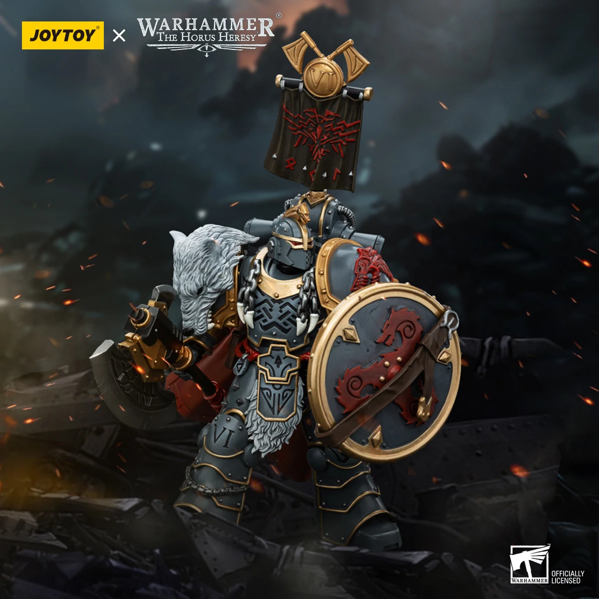 JOYTOY Warhammer 40K 1/18 figurine Space Wolves légion Praetor avec hache de puissance et bouclier de Combat figurines d'anime jouets modèle