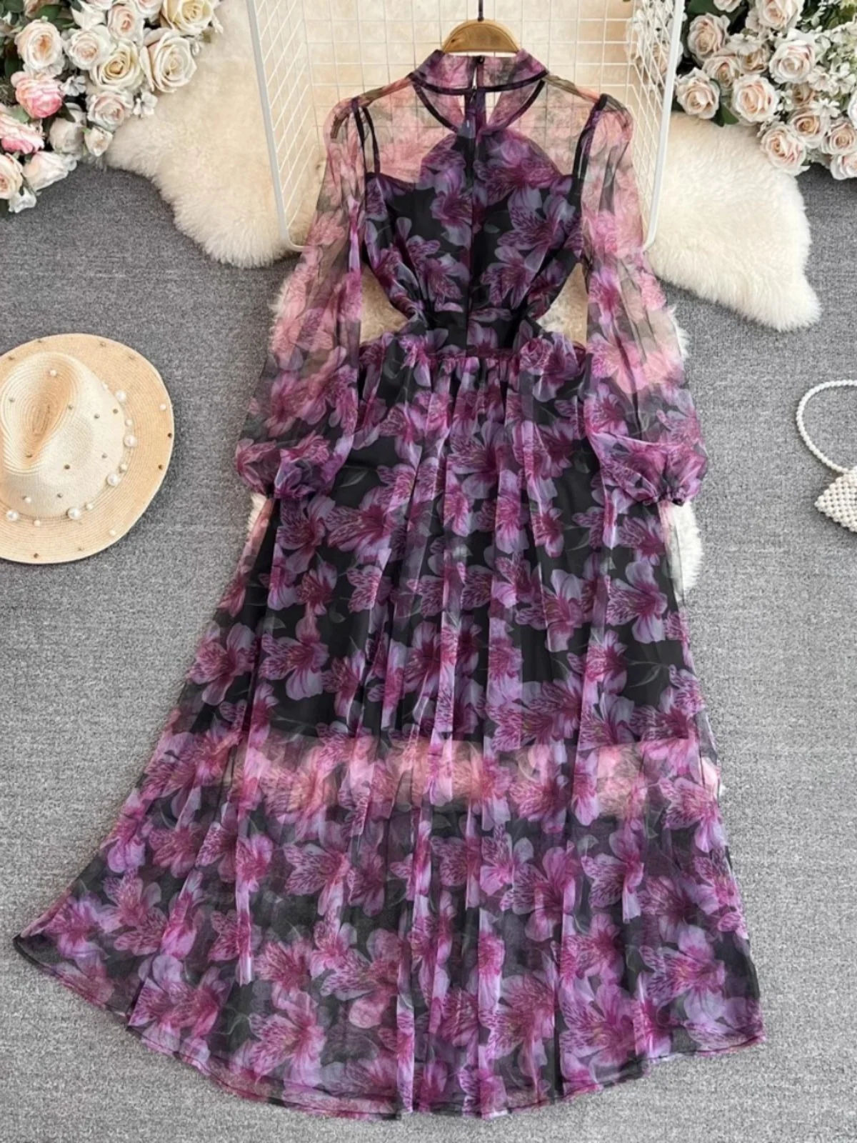 Vestido Midi E de Chiffon Estampado com Manga Longa, Laço Borboleta na Cintura e Saia Evasê Justa - Vestido Longo Eleg...