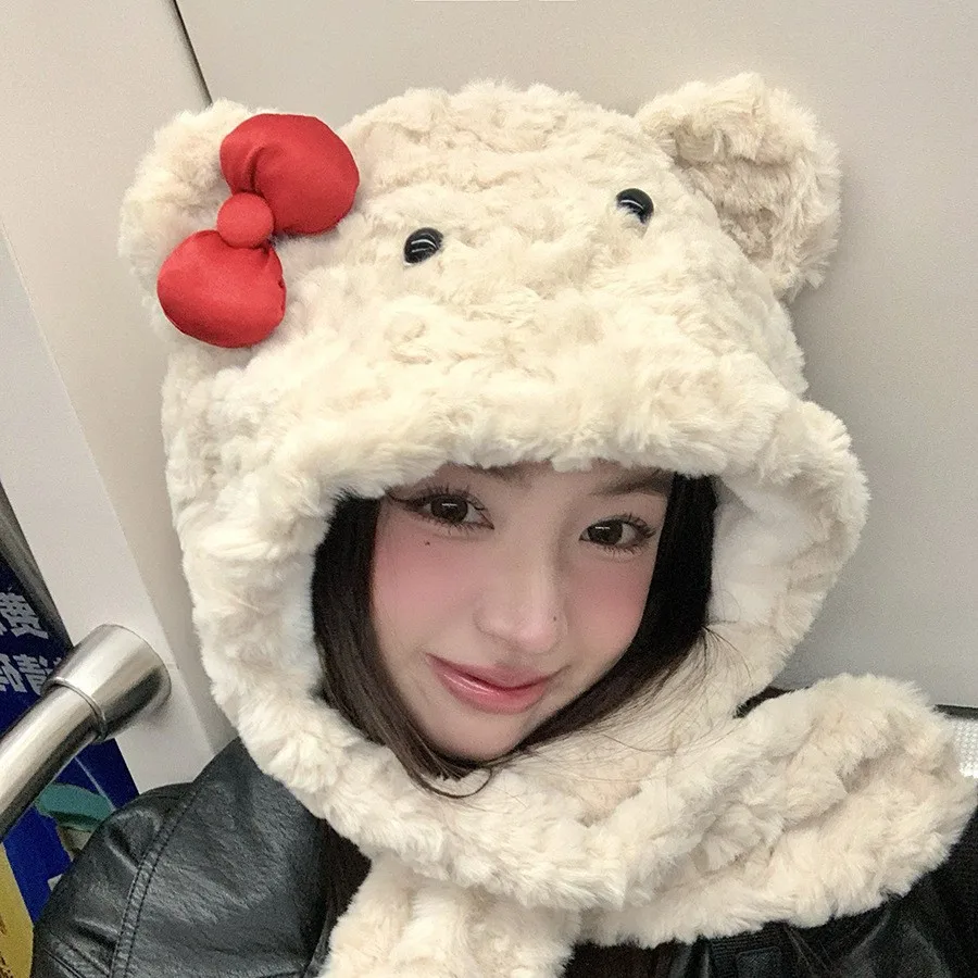 Adorable Bow Bear Plush Hat with Integrated Winter Scarf for Women Thickened Windproof and Warmth-Retaining Lei Feng Hat