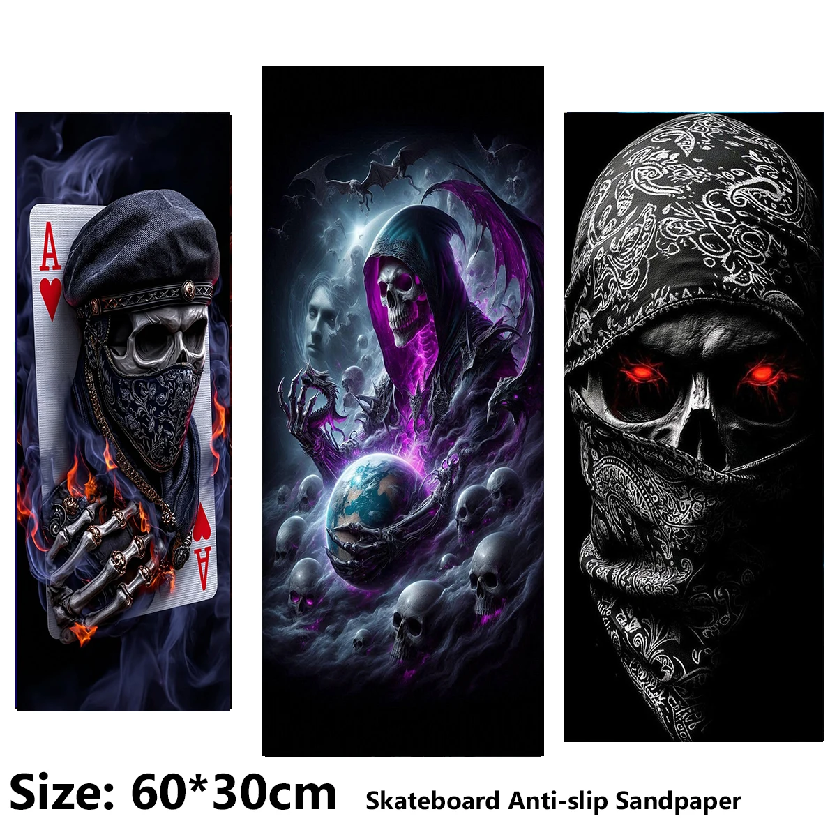 Dark Ghost Skull Pattern Electric Scooter Anti-slip Sticker Sandpaper Skateboard Grip Tape Sheet 60*30cm
