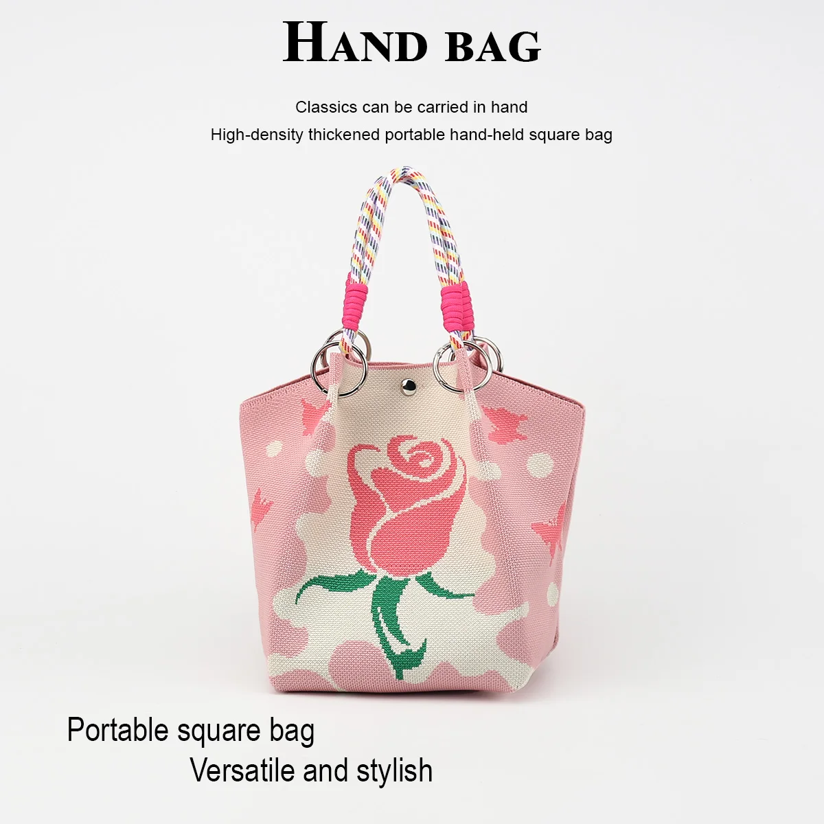 Women's Small Handbag, Pink Rose Pattern Knitted Bag, with a Magnetic Clasp for Secure and Reliable Closure, Can Hold Items Such as Cell Phone, Wallet, Lipstick, Etc., Suitable for Travel, Commuting, Vacation, and Walk