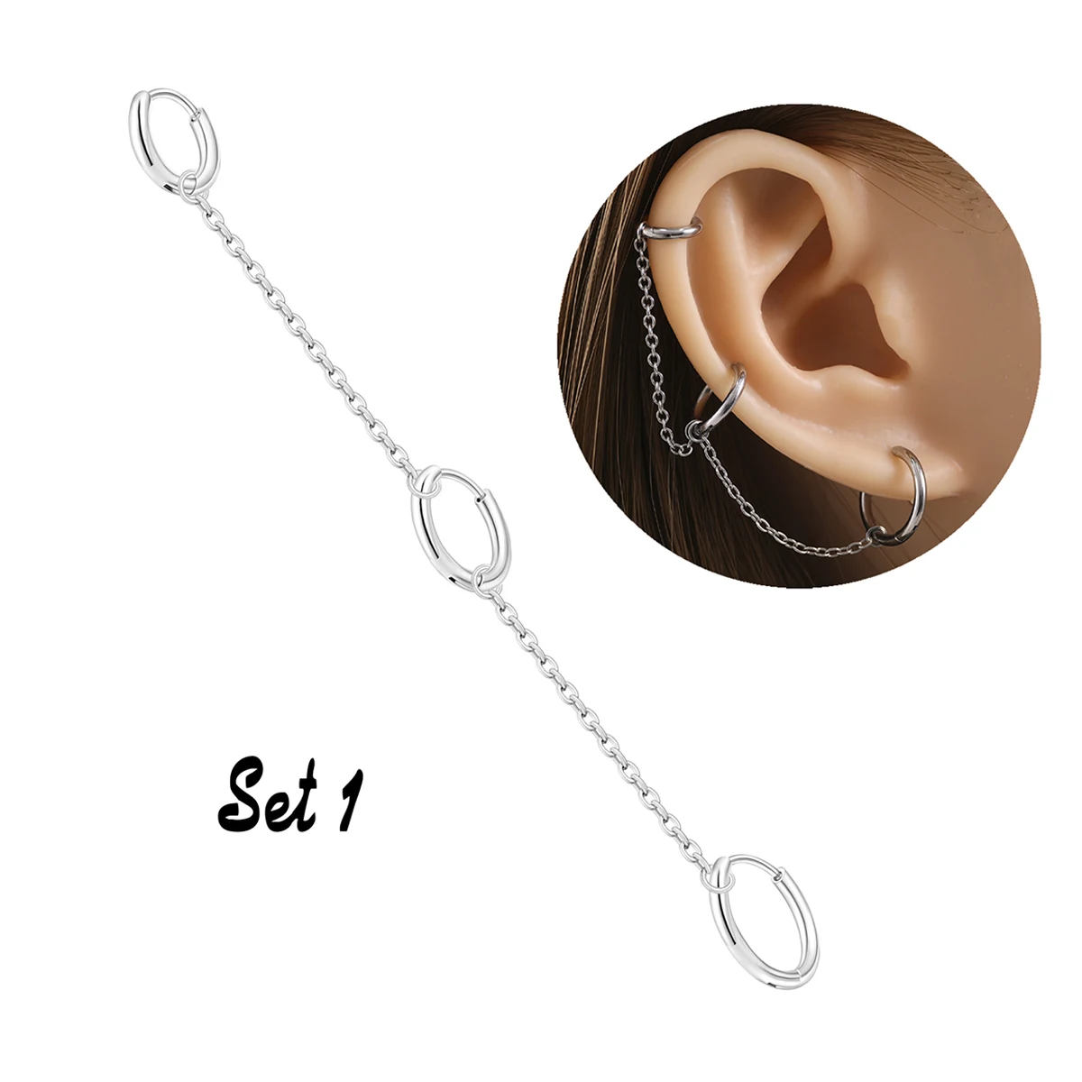 1 Piece A Unique Steel-Colored 18k Gold-Plated Chain Handcuff Hoop Earring With Three Piercings And A Dangling Spiral Pendant