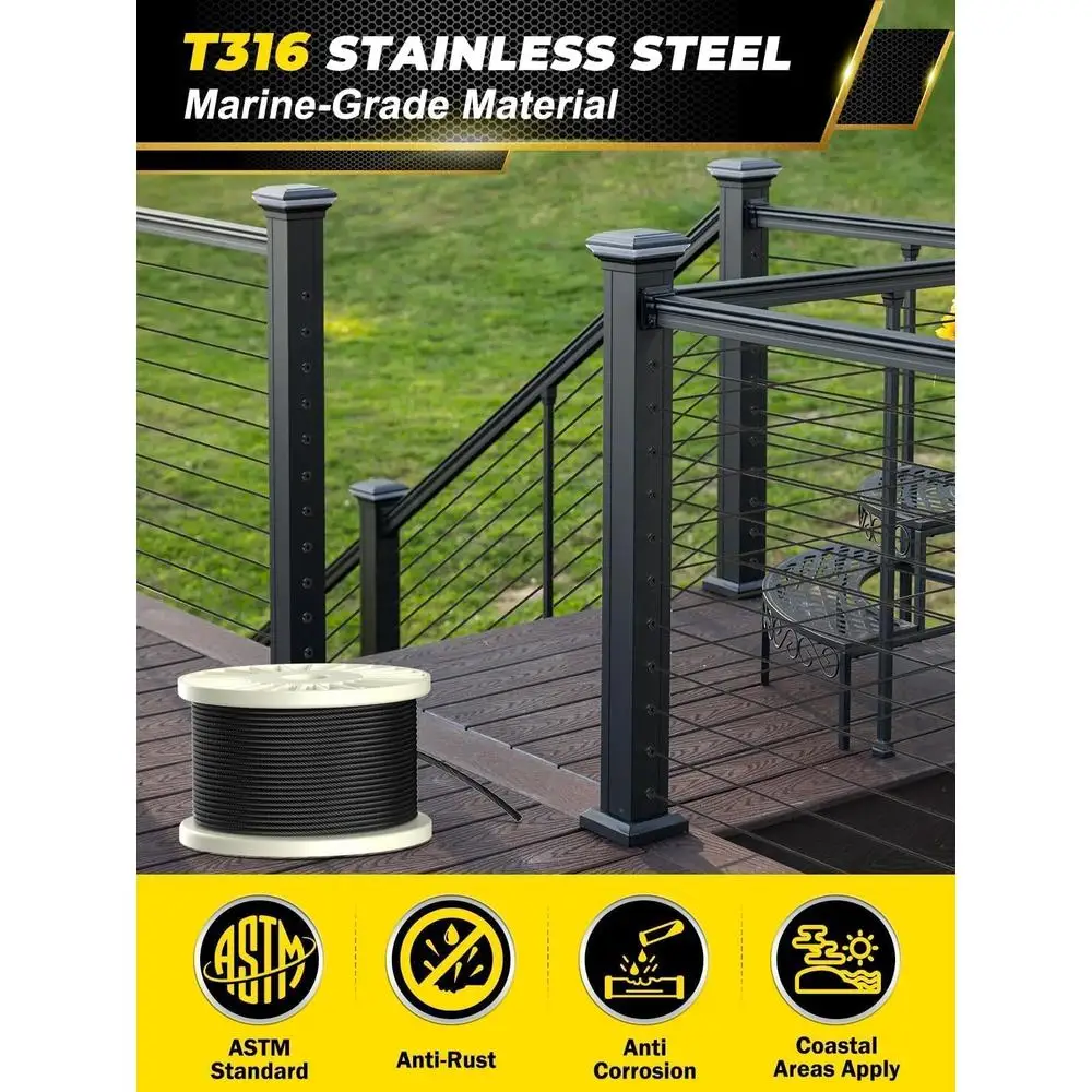 Black T316 Stainless Steel Cable Railing Kit 500ft 1/8 7x7 Strands Marine Hardware Minimalistic Design Enhanced Visual Appeal