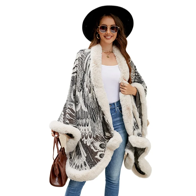 2023 autumn and winter new cross-border peacock flower knitted cape women's thickened warm Amazon shawl