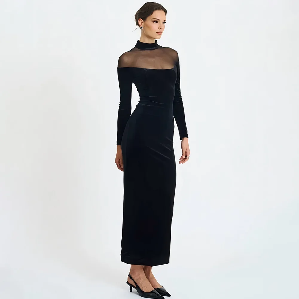 Apprabant Women 2025 Fall Winter Velvet Sheer Mesh Long Sleeve Dress Slim Patchwork Bodycon Maxi Gown Sexy Party Elegant Outfit