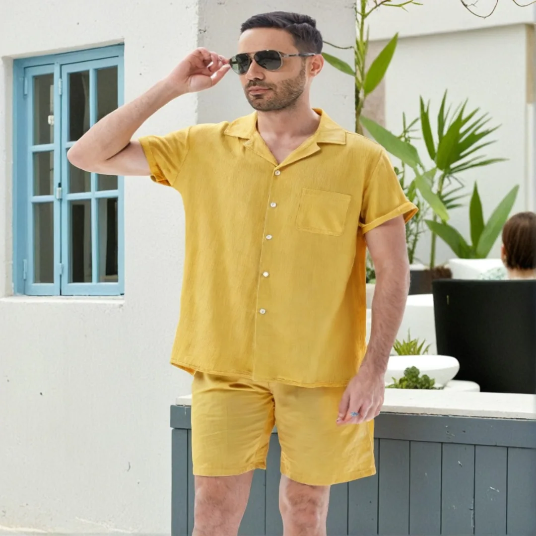 

Men's pure cotton summer Hawaiian style polo shirt and shorts set - two-piece set