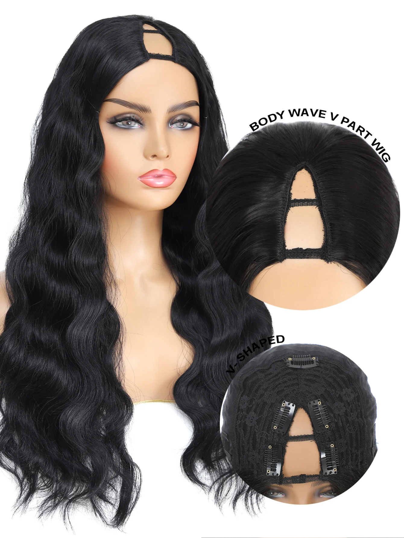 YunRong Body Wave V Part Wig 26 Inch Synthetic Half Curly Wavy Wig