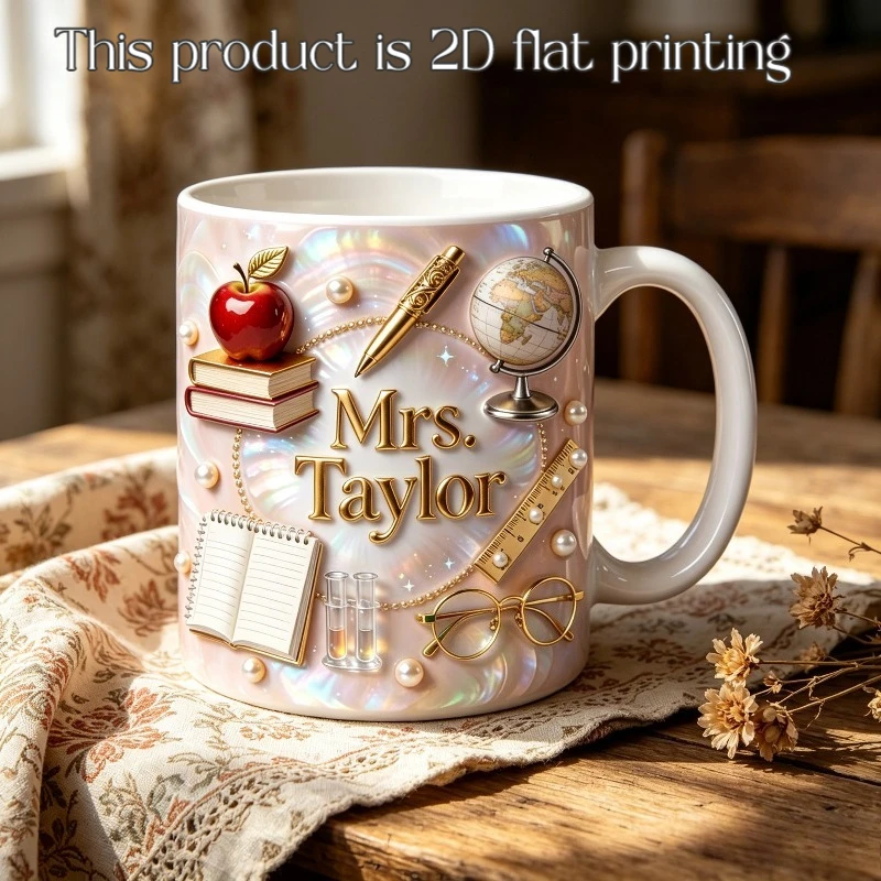 Personalized Teacher Mug 2D Ceramic Cup Custom Name Apple Books Coffee Cup Thank You Gift for Teacher Back To School Microwave S