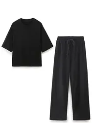 TRAFZA Women Casual Solid Sports Set Summer O Neck T-Shirt Loose Short Sleeve Tops Female Drawstring High Waist Jogging Pants