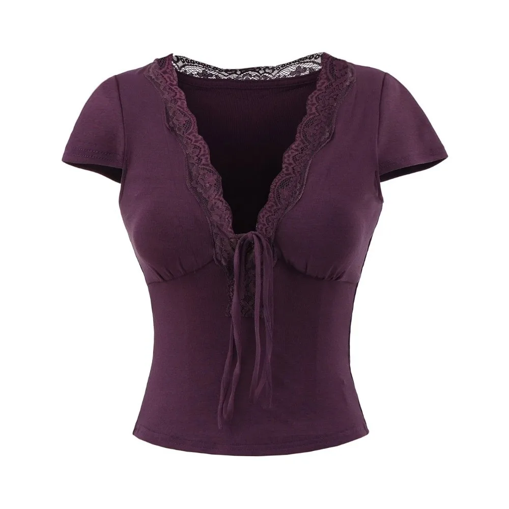 Schickes V-Ausschnitt Slim Crop Top mit kurzen Ärmeln, Spitzenunterteil, süßes elastisches Camisole, Spicy Girl – Detail 6