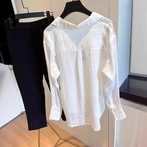 واقي من الشمس القطني الفرنسي الأبيض للنساء تصميم ضئيل متخصص قميص طويل الأكمام ايوسل الكتان الصيف أفضل 12 قميص مخب للرجال - رقم 5