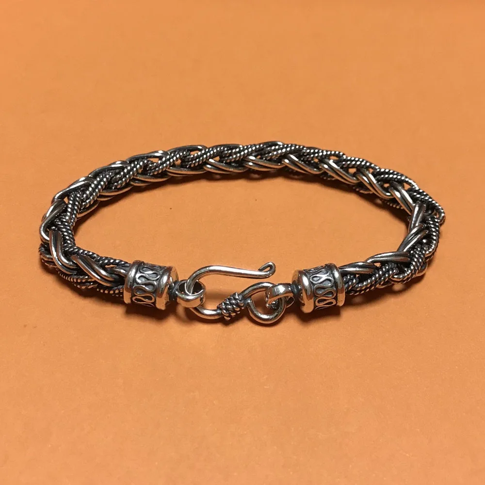 Vintage style S999 sterling silver bracelet necklace 6mm twine hand woven chain men's and women's personality punk jewelry