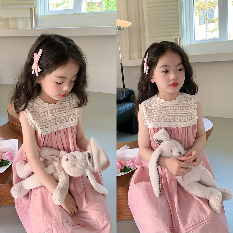 

Baby Girl Dress Girls Pink Lace Embroidered Princess Dresses Sundress Summer Children Korean Fashion Sleeveless Refreshing Dress