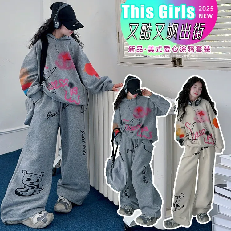 Girls Outfit Set American Style Children's Tracksuit Graffiti Hoodie Boy's Trendy Wide-leg Pants Knit Sportswear Spring Autumn