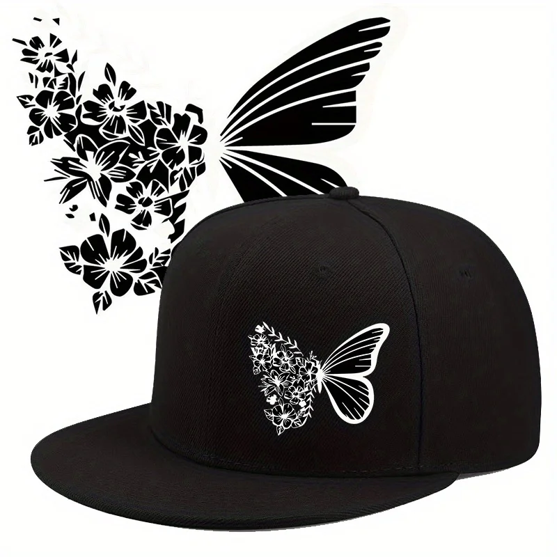 

Бейсбольная кепка с плоскими полями и бабочкой с цветочным графическим принтом, полиэстеровая регулируемая повседневная спортивная шляпа с солнцезащитным козырьком