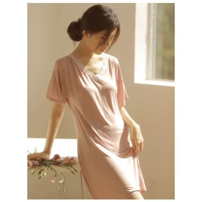 Can Be Worn Outside Loose Loungewear Short Sleeve Ice Silk Nightdress Loungewear Cool Feeling Modal Pajamas Female Summertime