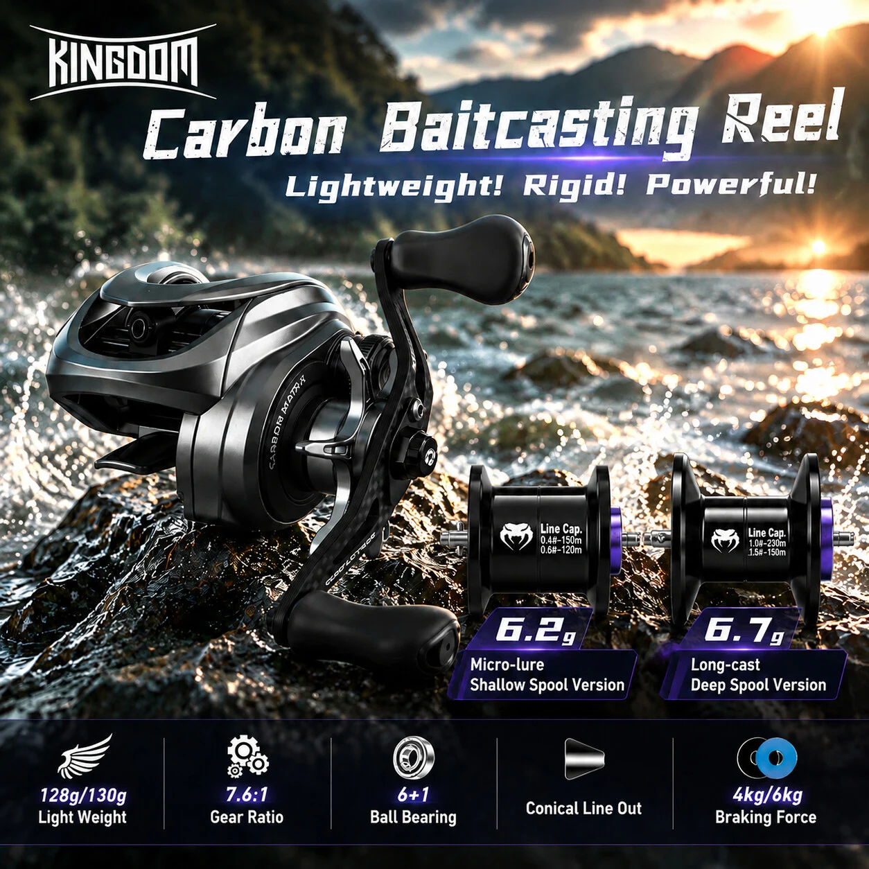 Kingdom BFS Baitcasting-Rolle 128g/130g Ultraleicht 7,6:1 Übersetzungsverhältnis 6+1BB Magnetische Bremse Max. Bremskraft 4kg/6kg Süßwasser-Angelrolle