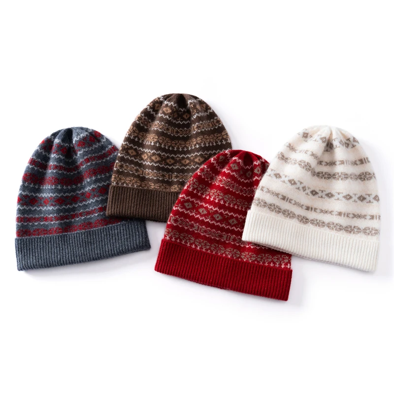 100% Quality Cashmere Beanie For Woman Outdoor Casual Soft Warm Cap Adult Winter Beanies Color Patchwork Cuffed Knitted Hat