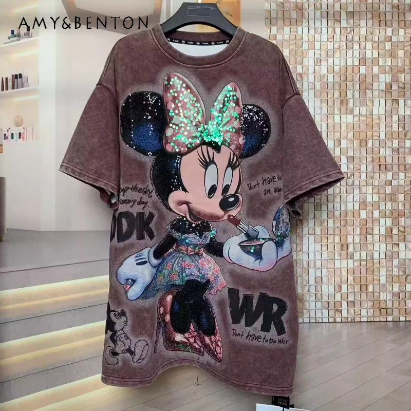 

Модный милый свободный пуловер большого размера с короткими рукавами, футболка, пуловеры, осень 2023, новая футболка с рисунком тяжелой промышленности и блестками