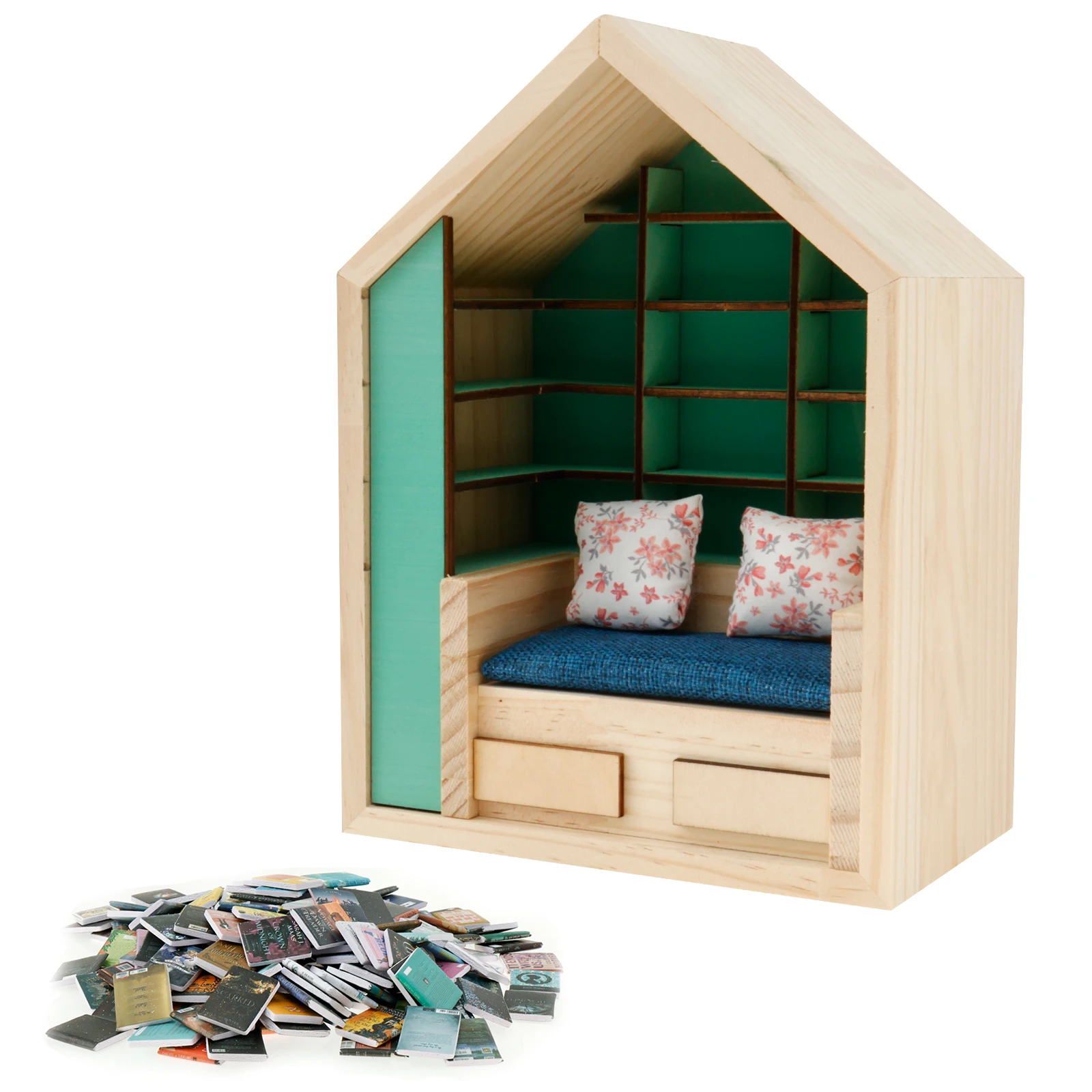 

Stress Relief Bookshelf Wood Mini Study Display Cabinet with Two Cushions 200 Folded Miniature Books Bookshelf Stress Relieving