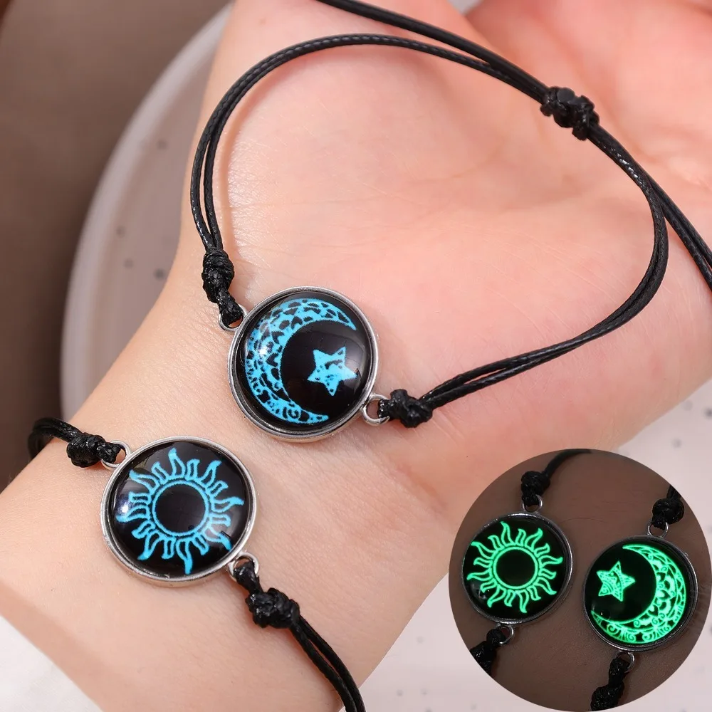 مضيئة الشمس القمر زوجين أساور يتوهج في الظلام مطابقة الحب سوار رومانسية Gif للأصدقاء قابل للتعديل بو حبل سوار