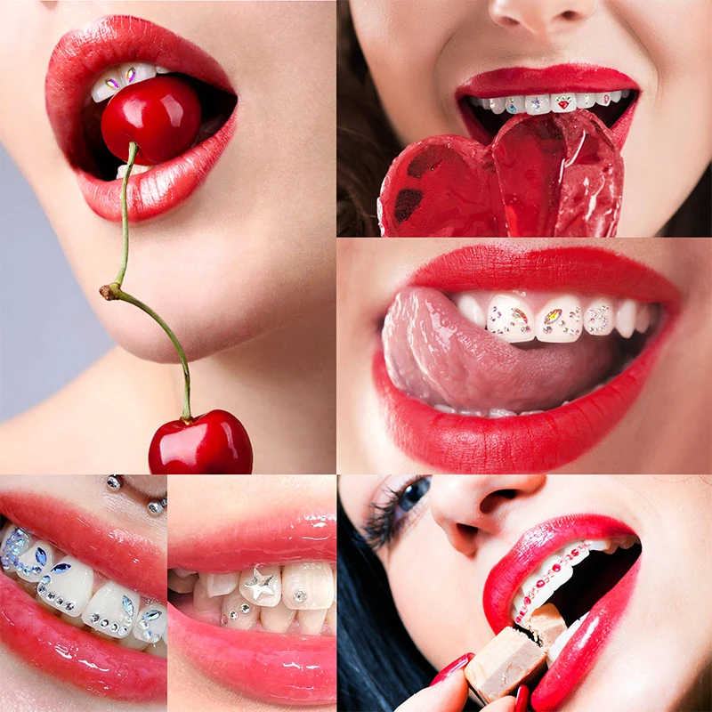 12 ızgara/kutu Diş Diş Mücevher Kristal Elmas Süs Diy Araçları Çeşitli Şekiller Renkli Diş Takı Protez Akrilik Diş Acc