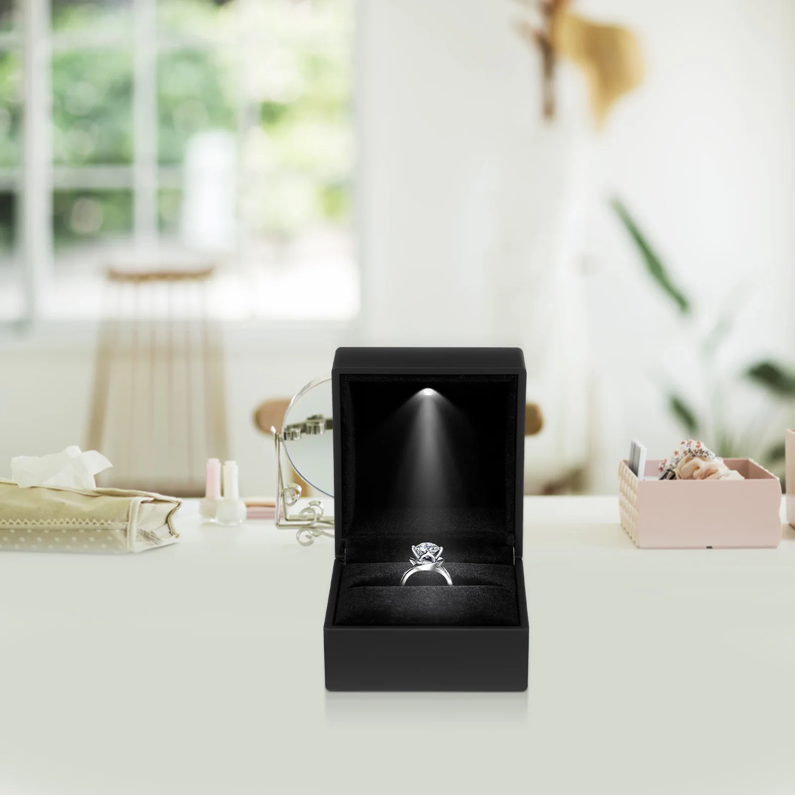 

Romantic Proposal LED Lighting Wedding Ring Box Portable Durable PU Metal Gift Case Black Scratch Resistant Jewelry Storage