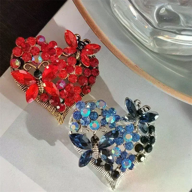 Blue Red Crystal Heart Brooches For Women Rhinestone Butterfly Party Brooch Pins Lovers Jewelry Gift