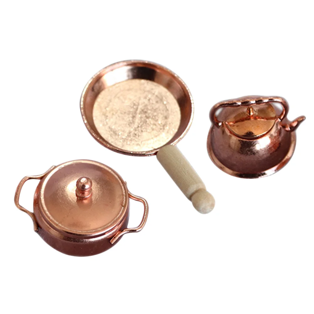 1Set Mini Kitchenware 3-Piece Set Premium Alloy Mini Kettle Saucepan Soup Pot for Home Restaurant Tea Room Miniature Kitchen Pot